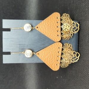 Gold Tone Brown Leather Rhinestone Rose Flower Floral Dangle Statement Earrings